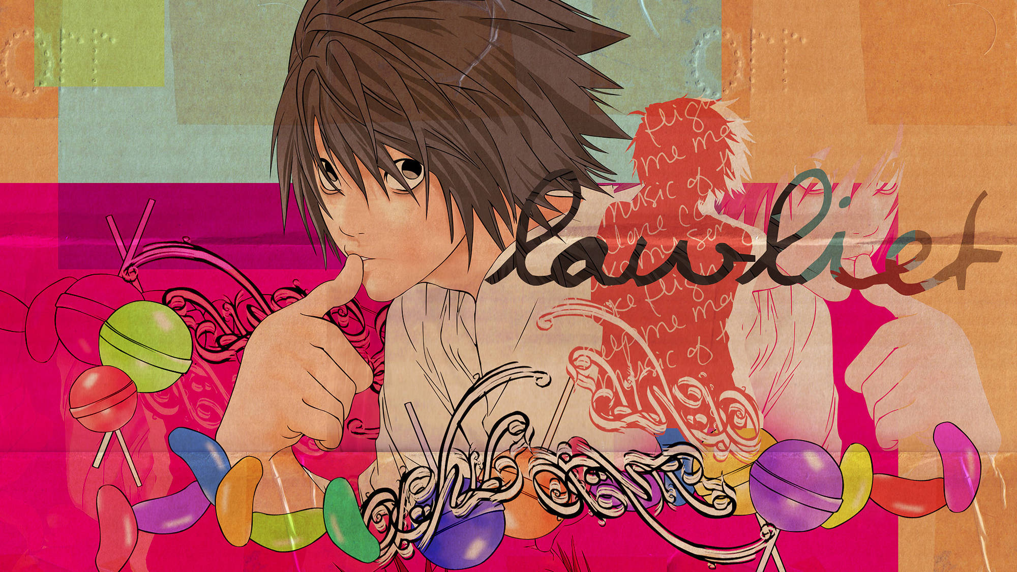 L 桌布 壁紙 — 動漫角色 L Lawliet 將手指放在嘴唇上，周圍環繞著色彩繽紛的棒棒糖和華麗的漩渦，背景是拼布風格。