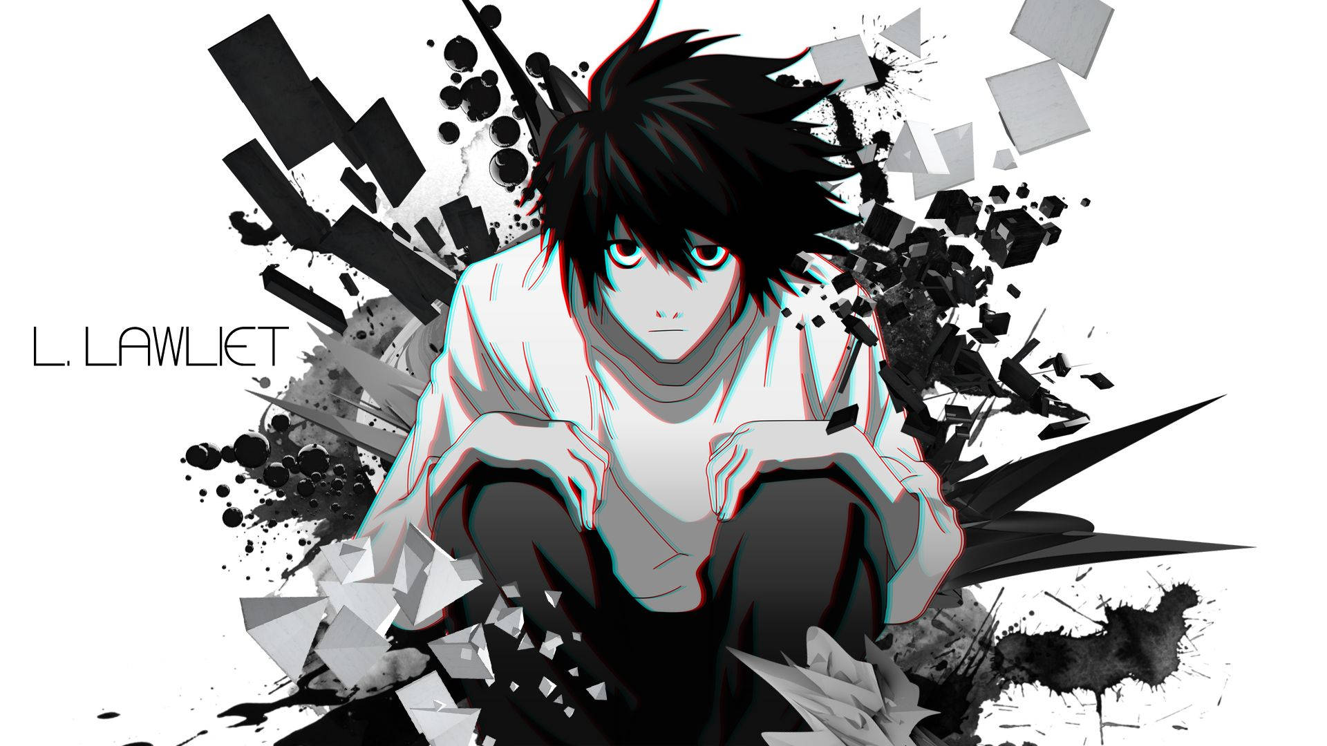 死亡筆記本 桌布 壁紙 — 動漫角色 L Lawliet 蹲在黑白破碎的碎片中，帶有 3D 立體效果。