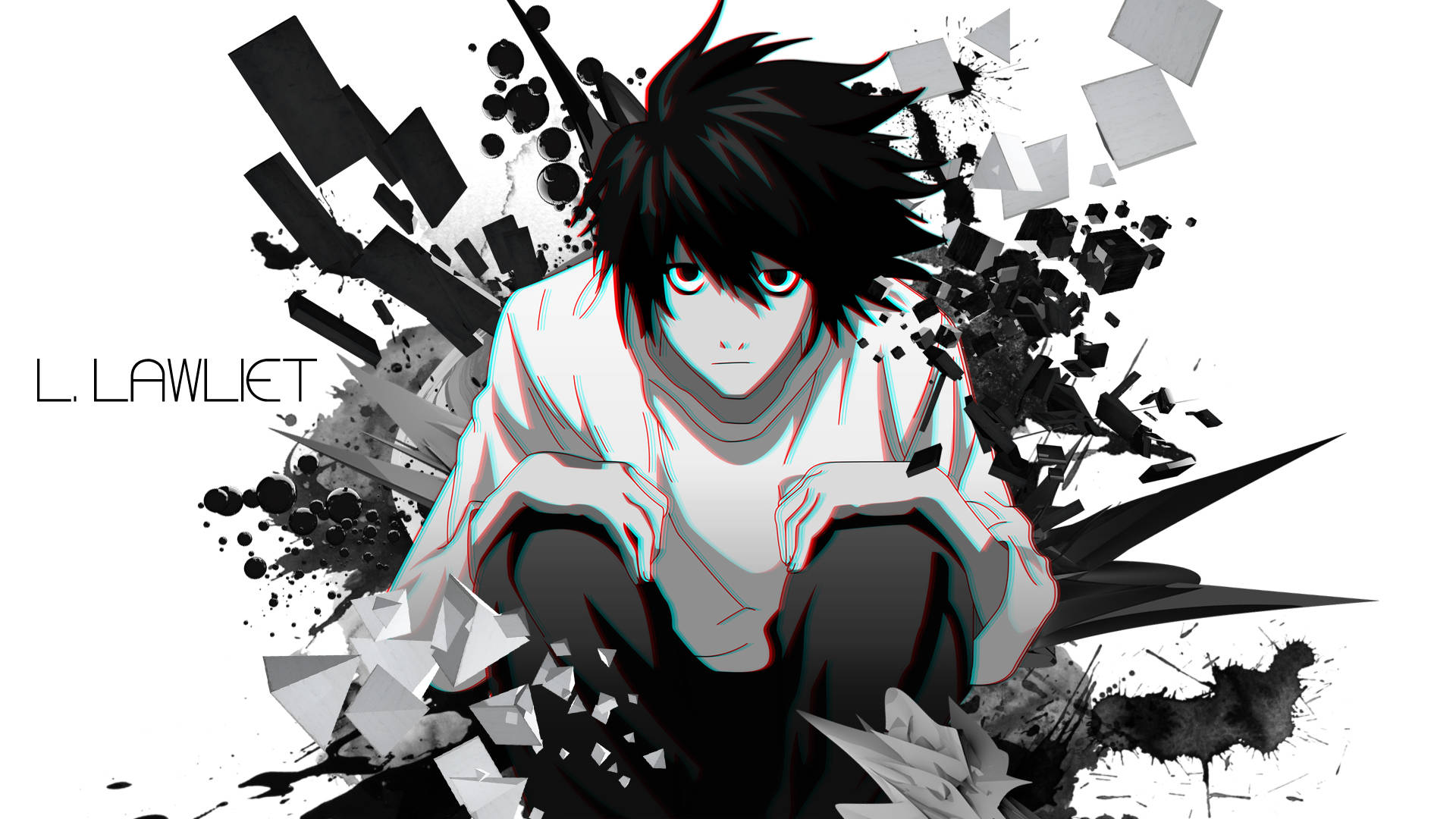 L 桌布 壁紙 — 動漫角色 L Lawliet 蹲在黑白破碎碎片中，帶有 3D 立體效果。