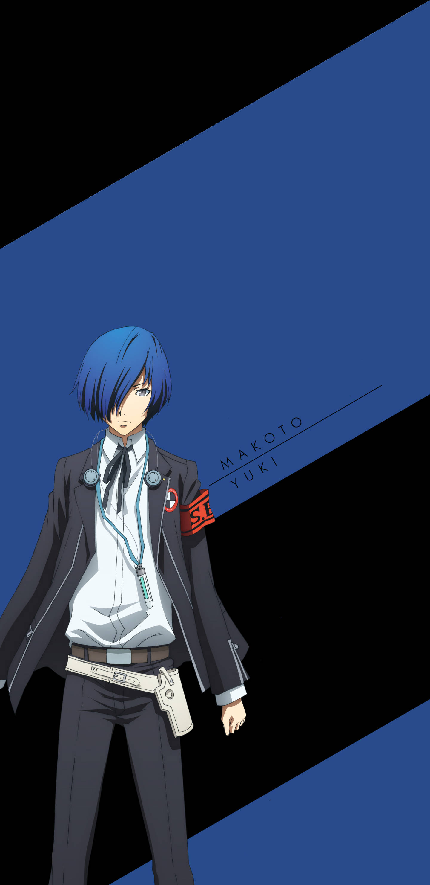 Persona 3 桌布 壁紙 — 動漫角色 Makoto Yuki 站在尖銳的黑藍色對角分割背景中，表情嚴肅。