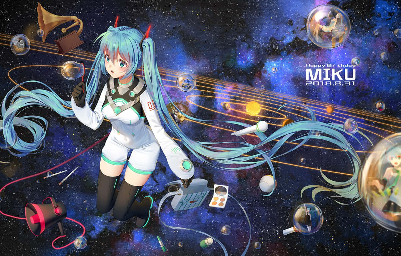 Stars 桌布 壁紙 — 動漫角色 Miku 漂浮在一個宇宙場景中，周圍環繞著漂浮的音樂設備和帶有漂浮人物的氣泡。