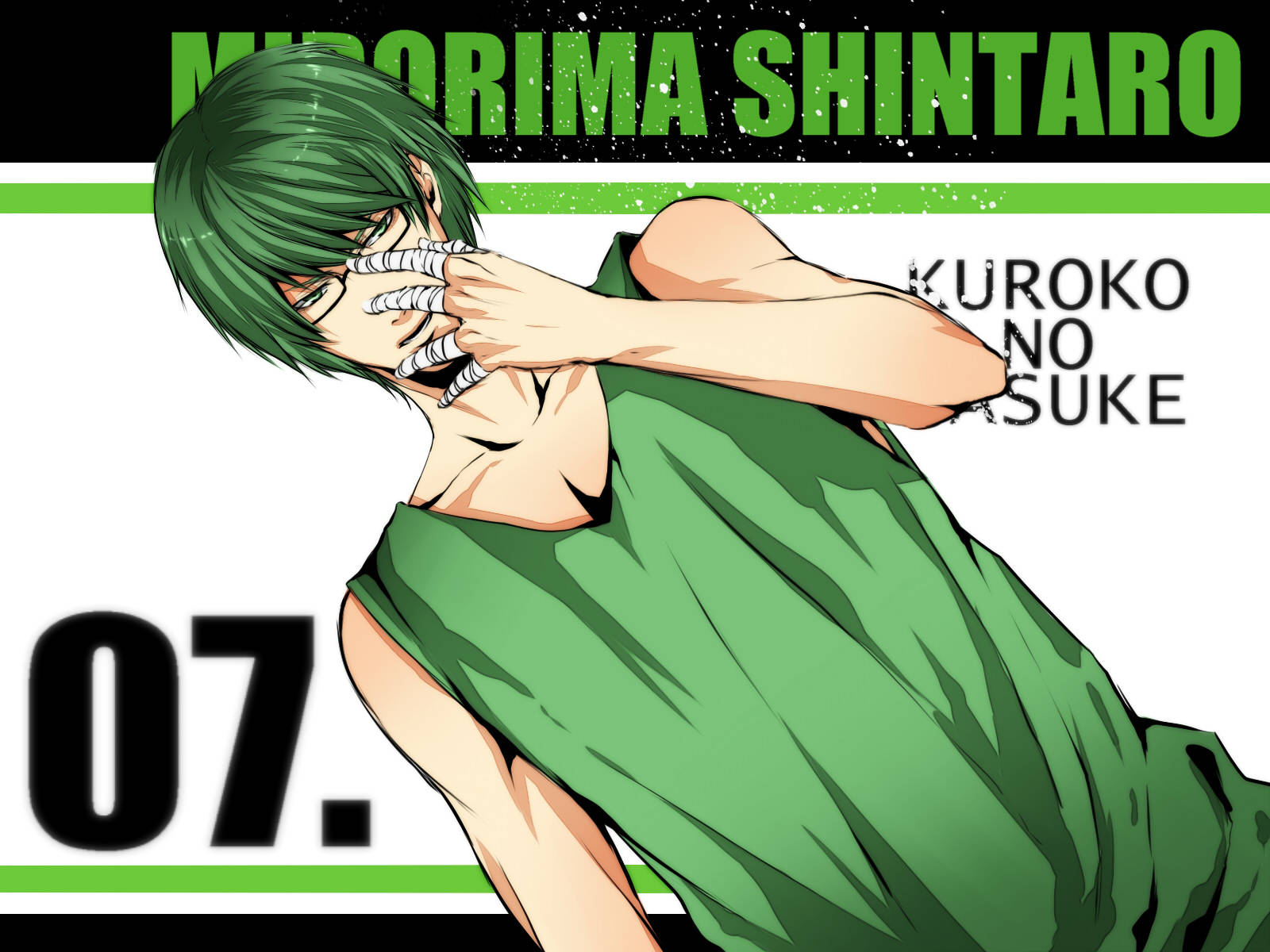 Kuroko No Basket 桌布 壁紙 — 動漫角色 Mirorima Shintaro 穿著綠色球衣，戴手套的手遮住臉，白色背景上有文字。