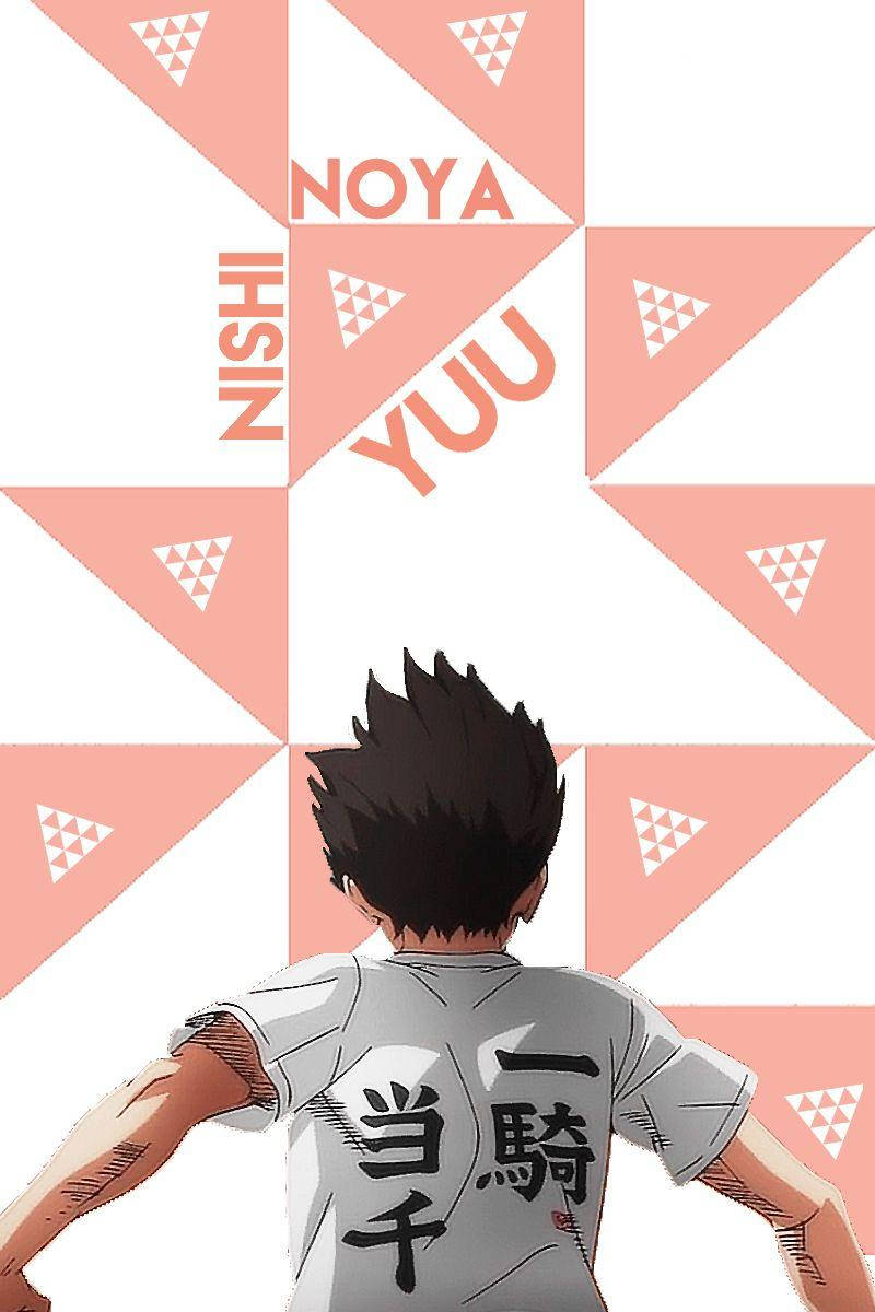 yu nishinoya 桌布 壁紙 — 動漫角色 Noya Yūu 背對幾何粉紅和白色三角形背景站立。