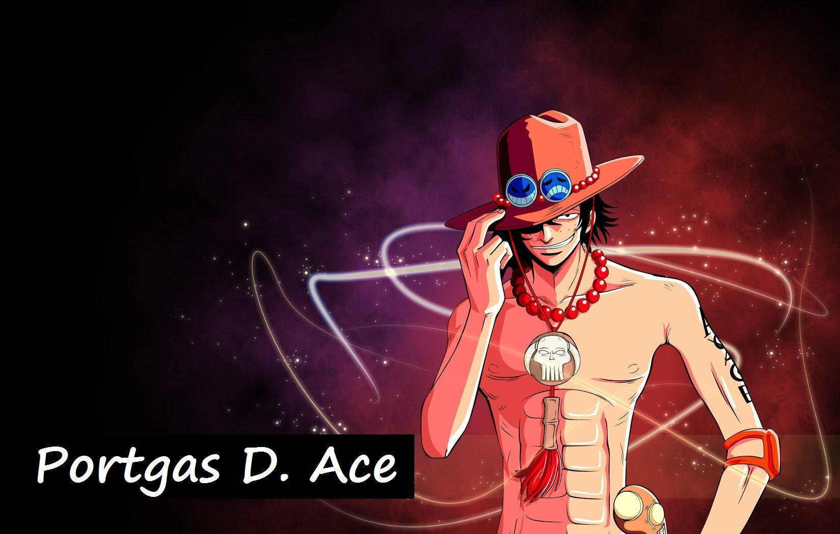 Ace 桌布 壁紙 — 動漫角色 Portgas D Ace 戴著紅色帽子和珠子，背景是帶有發光線條的宇宙紫色和紅色。