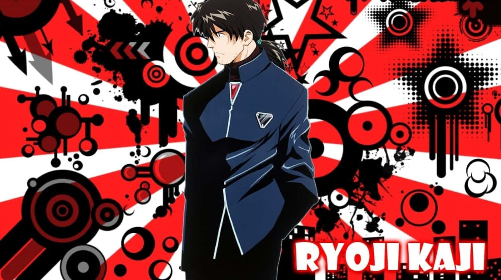 Ryoji Kaji 桌布 壁紙 — 動漫角色 Ryoji Kaji 以動態姿勢站立，背景為大膽的紅、白、黑抽象幾何圖案。