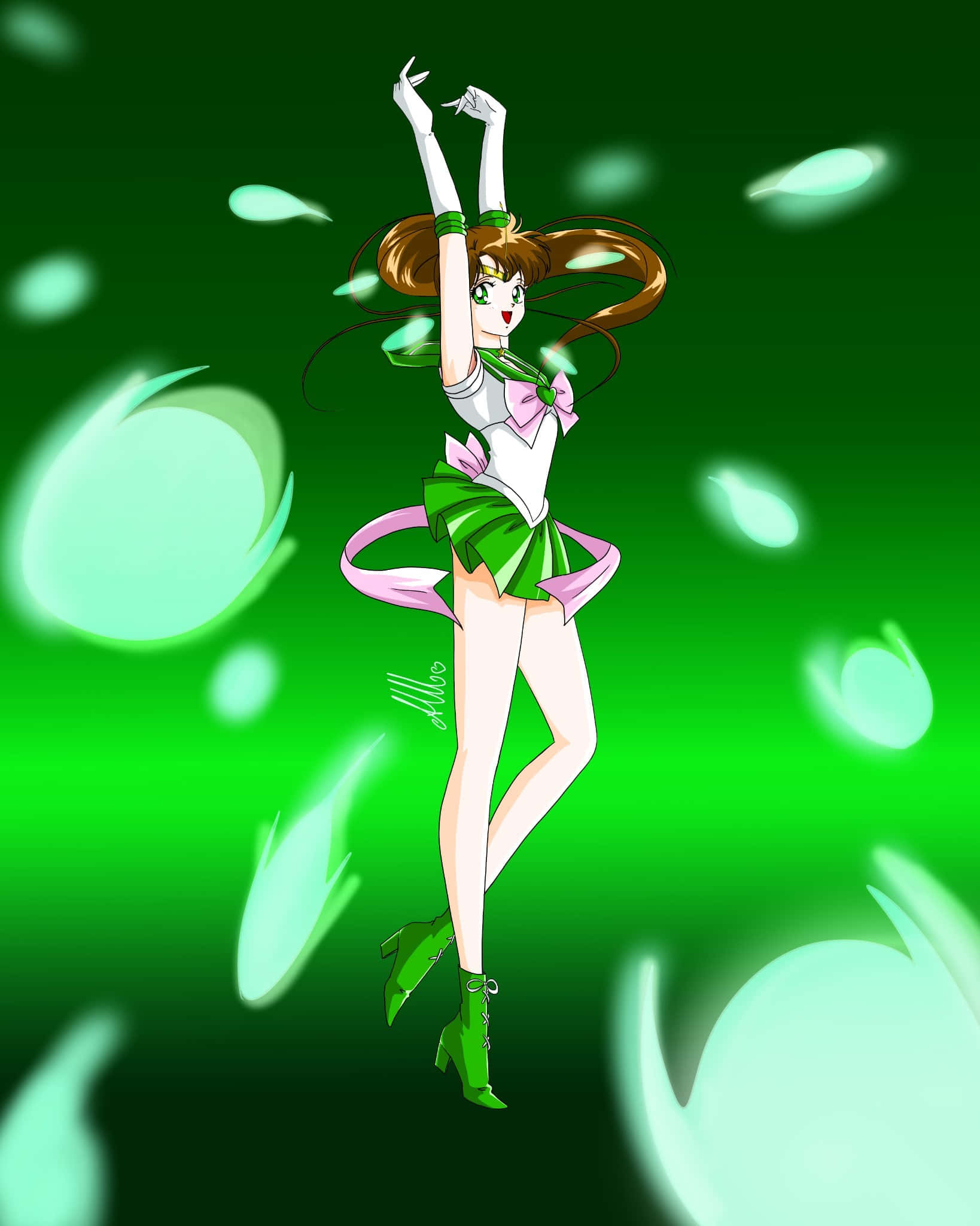 sailor jupiter 桌布 壁紙 — 動漫角色 Sailor Jupiter 在發光的綠色背景前擺出充滿動感的姿勢，背景中漂浮著葉子般的粒子。