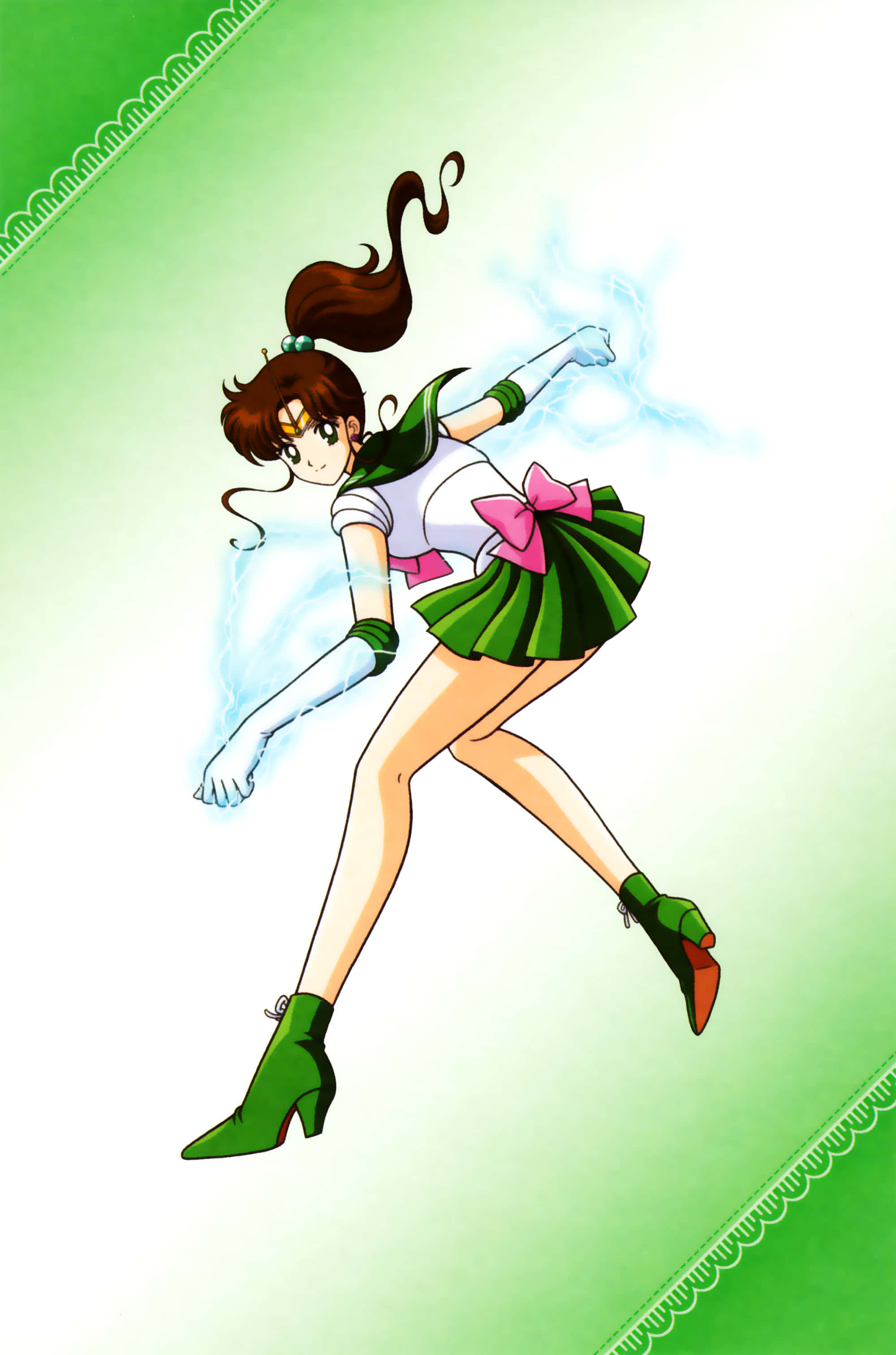sailor jupiter 桌布 壁紙 — 動漫角色 Sailor Jupiter 身穿綠色和白色制服，在柔和的綠色漸變背景前，帶著發光的藍色能量光環動態跳躍。