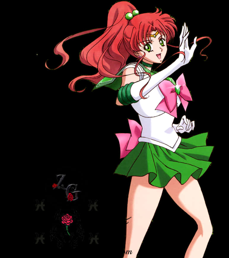 美少女戰士 桌布 壁紙 — 動漫角色 Sailor Jupiter 在黑色背景前擺出動感姿勢，擁有飄逸的紅髮和綠色與粉紅色的水手服。