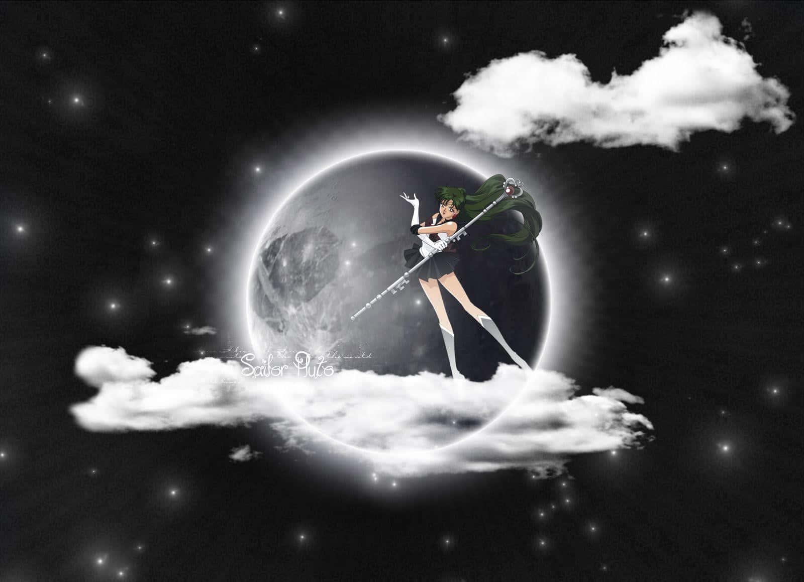 pluto 桌布 壁紙 — 動漫角色 Sailor Pluto 站在雲端上，在星光燦爛的夜空下，面對著一輪發光的月亮。