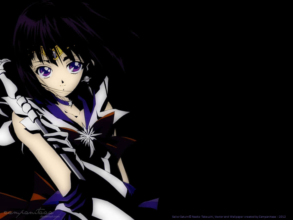 Sailor Saturn 桌布 壁紙 — 動漫角色 Sailor Saturn 擁有紫色眼睛和深色頭髮，在黑色背景前手持法杖。