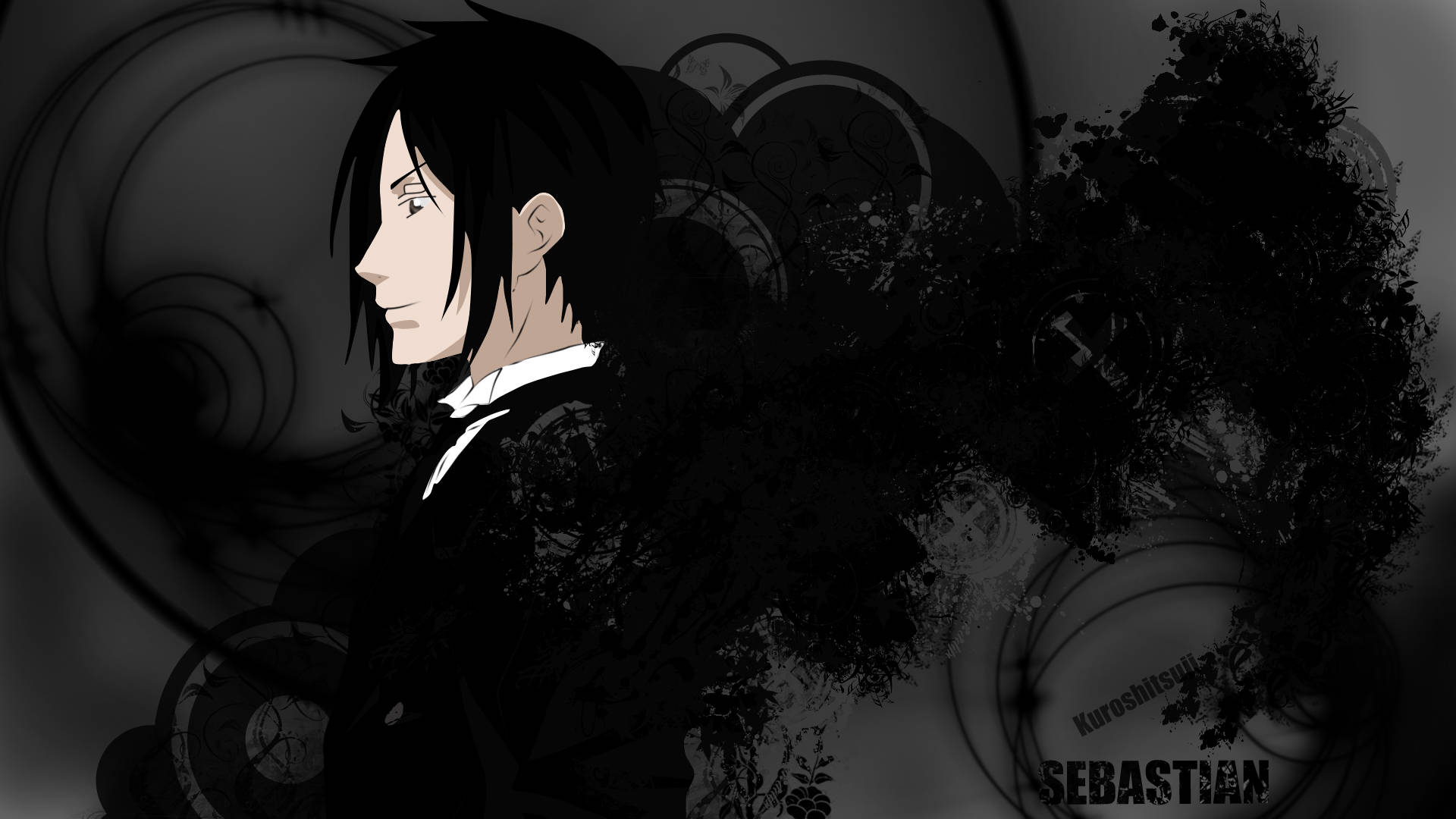 Black Butler 桌布 壁紙 — 動漫角色 Sebastian 黑髮西裝，以單色調站在旋轉的黑暗抽象背景前。
