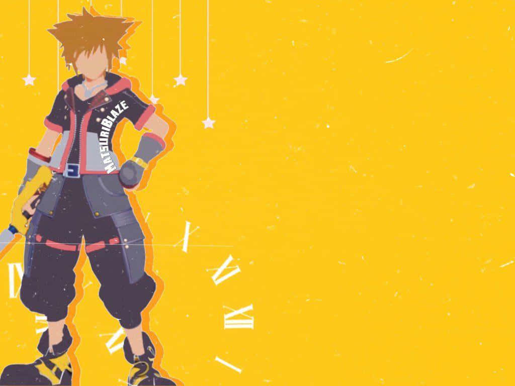 Kingdom Hearts Sora 桌布 壁紙 — 動漫角色 Sora 自信地站在充滿活力的黃色背景前，背景上有漂浮的星星和羅馬數字。