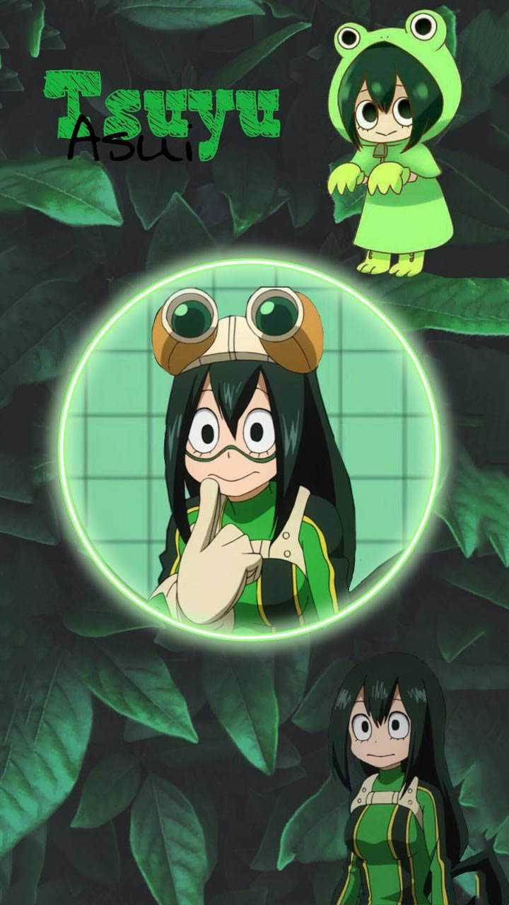 動漫女孩 桌布 壁紙 — 動漫角色 Tsuyu Asui 穿著青蛙主題服裝，被發光的綠色樹葉和葉子包圍。