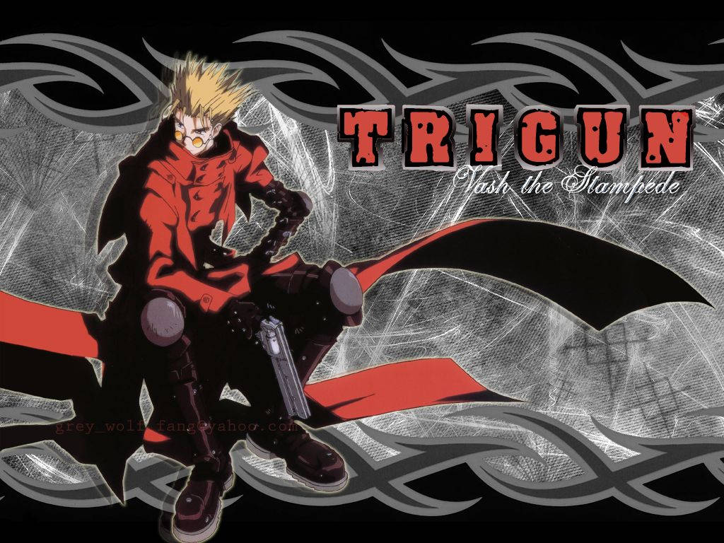 Trigun 桌布 壁紙 — 動漫角色 Vash the Stampede 身穿紅色外套和護目鏡，在帶有標題文字的黑色和灰色部落背景前動態站立。