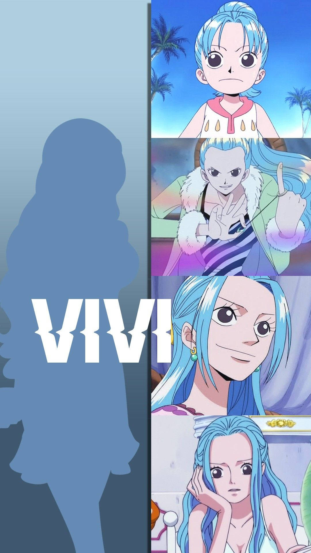 nefertari vivi 桌布 壁紙 — 動漫角色 Vivi 的四種表情姿勢拼貼畫，背景為藍色漸變，並帶有她的剪影和名字。