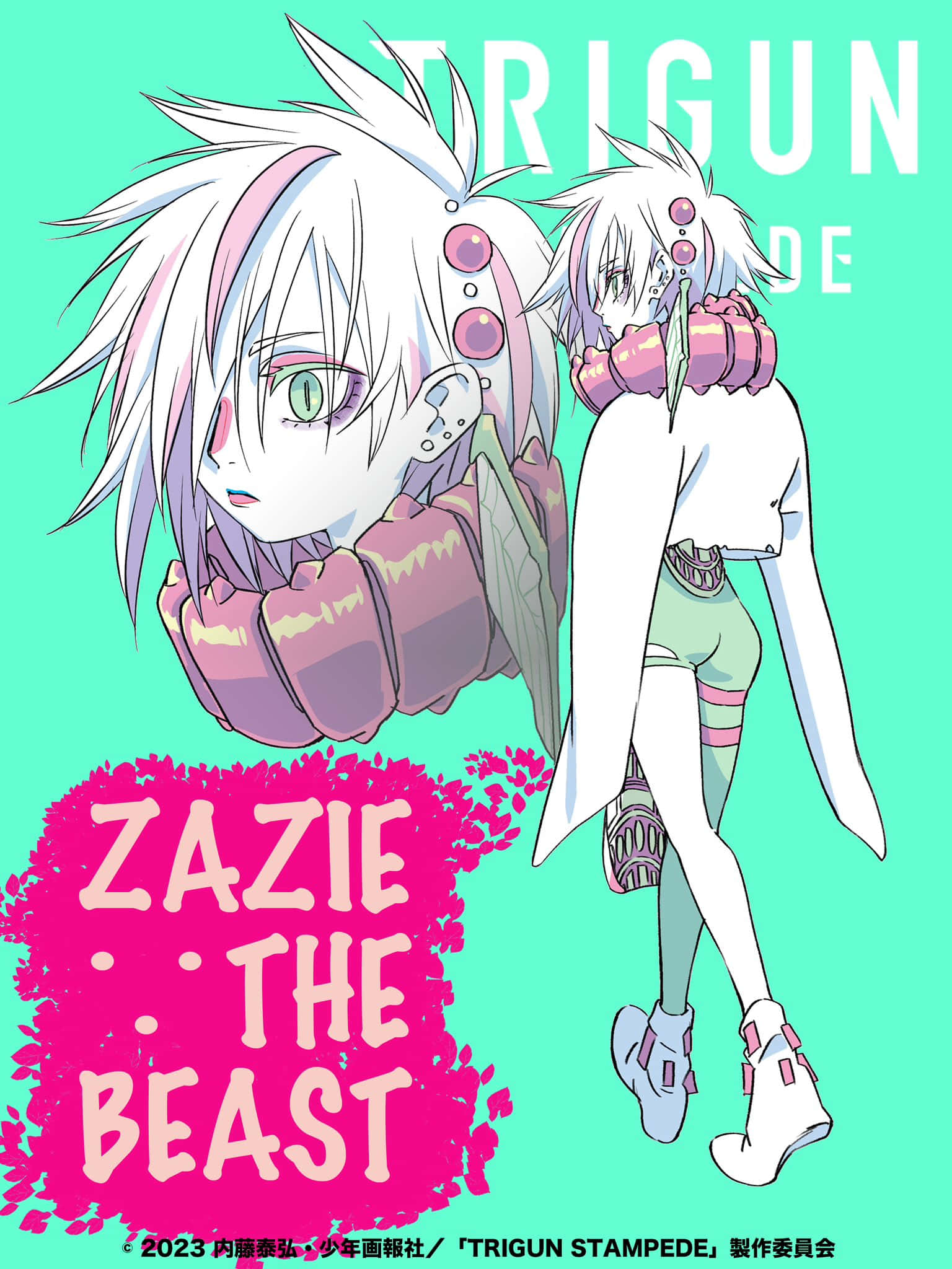 Zazie The Beast 桌布 壁紙 — 動漫角色 Zazie 白髮搭配粉紅色點綴，站在青綠色背景前，帶有粗體粉紅色文字。