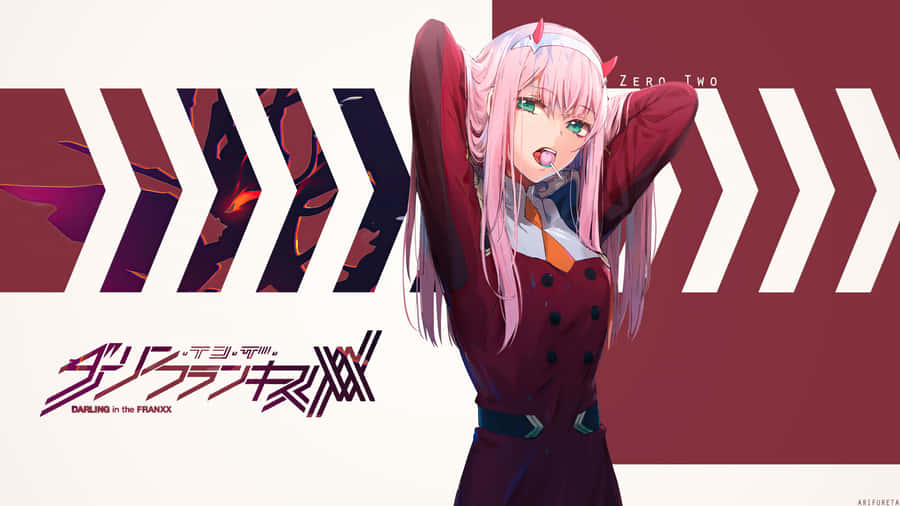 零二 桌布 壁紙 — 動漫角色 Zero Two 穿著栗色外套，在帶有棱角圖案的風格化紅白背景前動態擺姿勢。