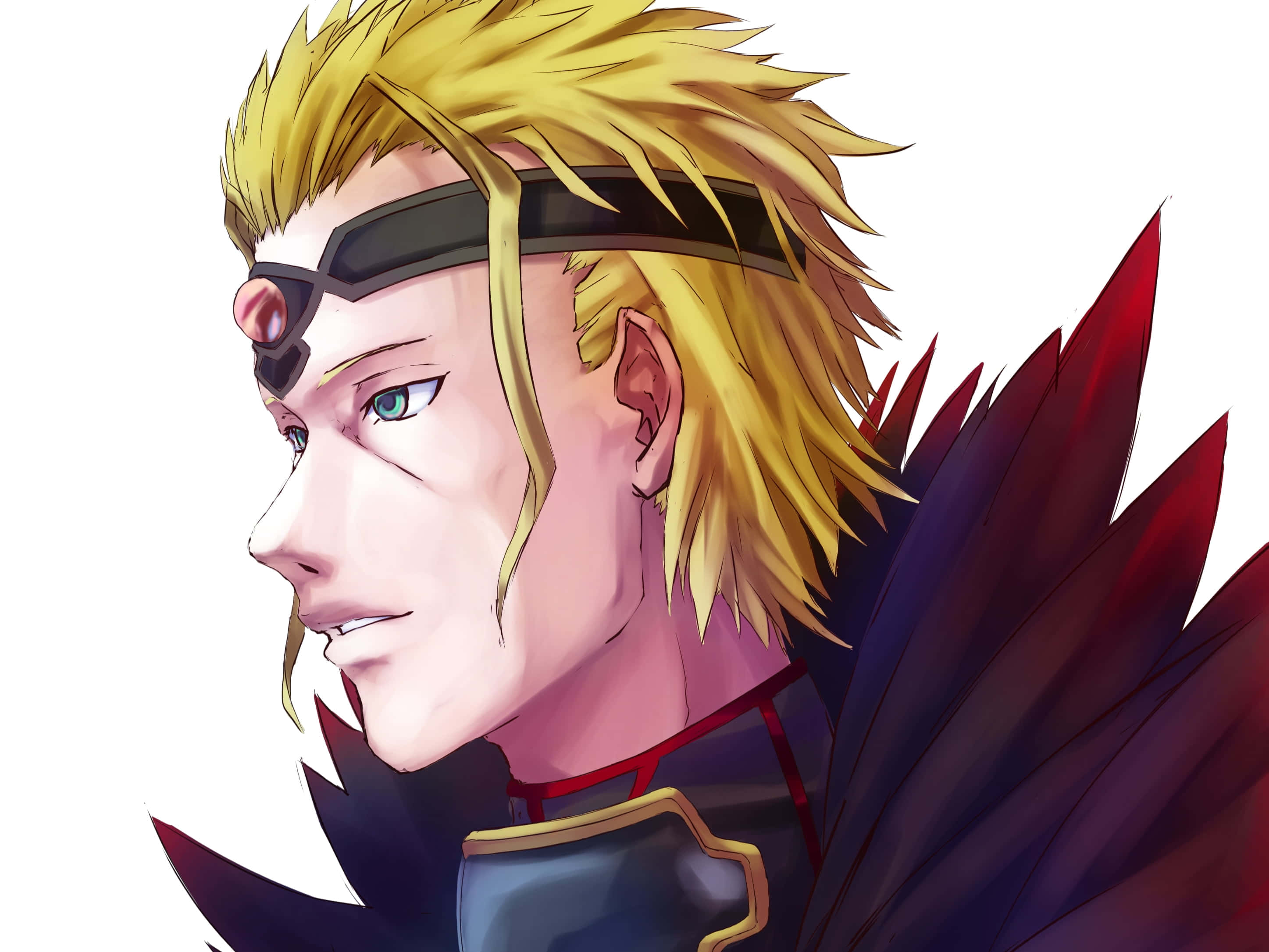 Sword Art Online Gabriel Miller 桌布 壁紙 — 動漫角色，側面視角，有尖刺金髮和紅色斗篷，背景為白色。