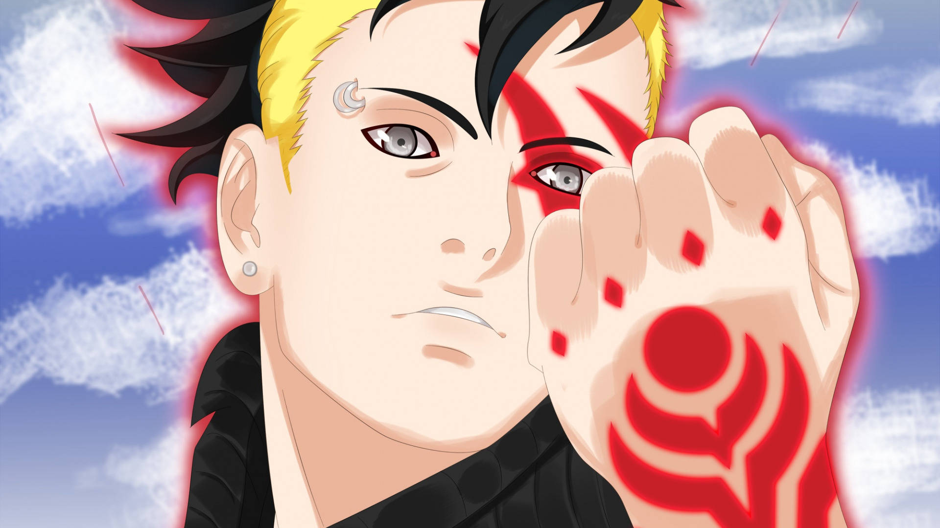 動漫男孩 桌布 壁紙 — 動漫角色，半邊紅色眼睛和發光的紅色手印，背景是藍天白雲。