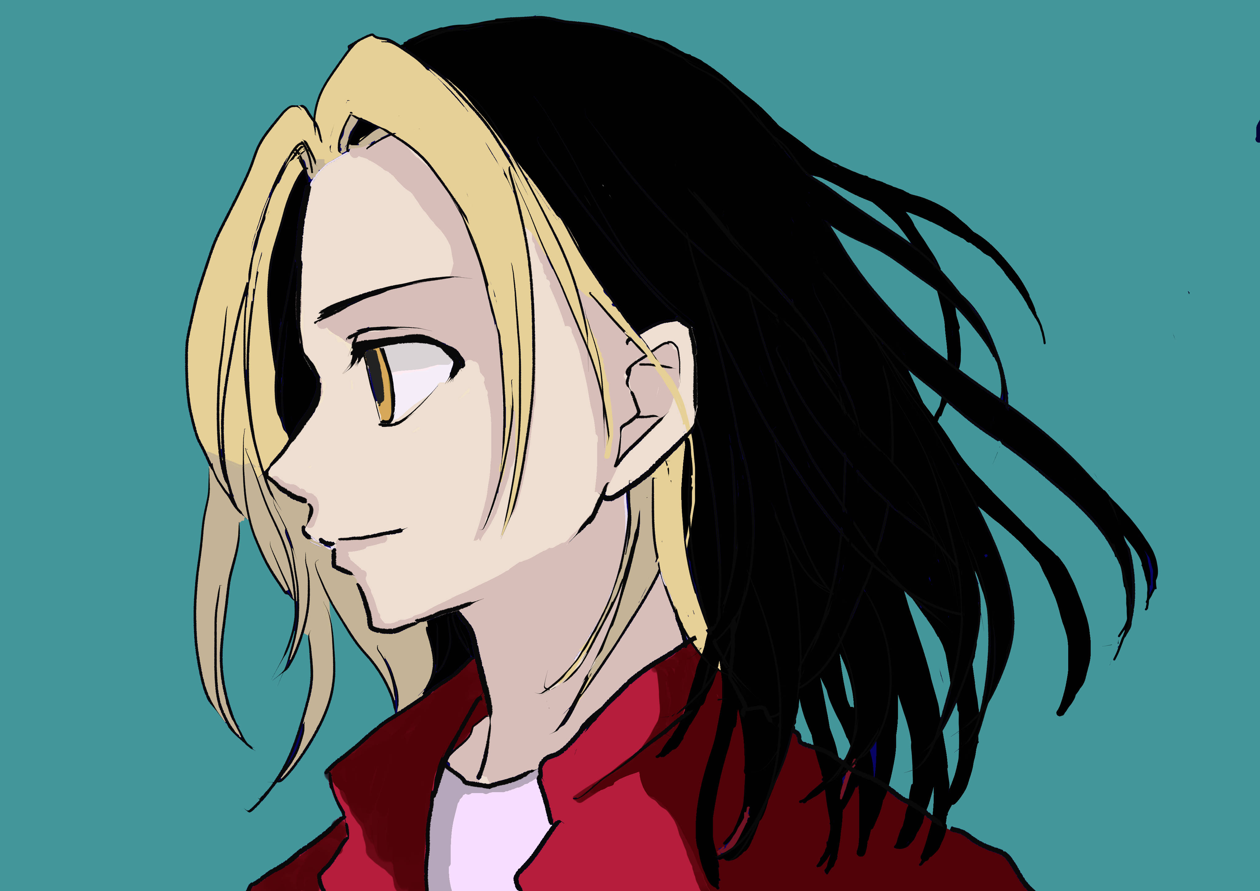 kazutora hanemiya 桌布 壁紙 — 動漫角色，半黑半金髮，琥珀色眼睛，身穿紅色外套，背景為藍綠色。