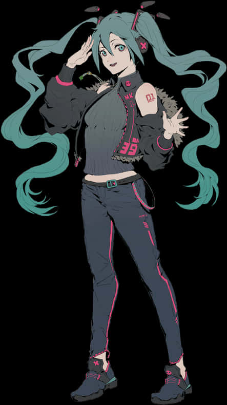 Vocaloid 桌布 壁紙 — 動漫角色，帶有青綠色雙馬尾和粉紅色點綴，在黑色背景前敬禮。