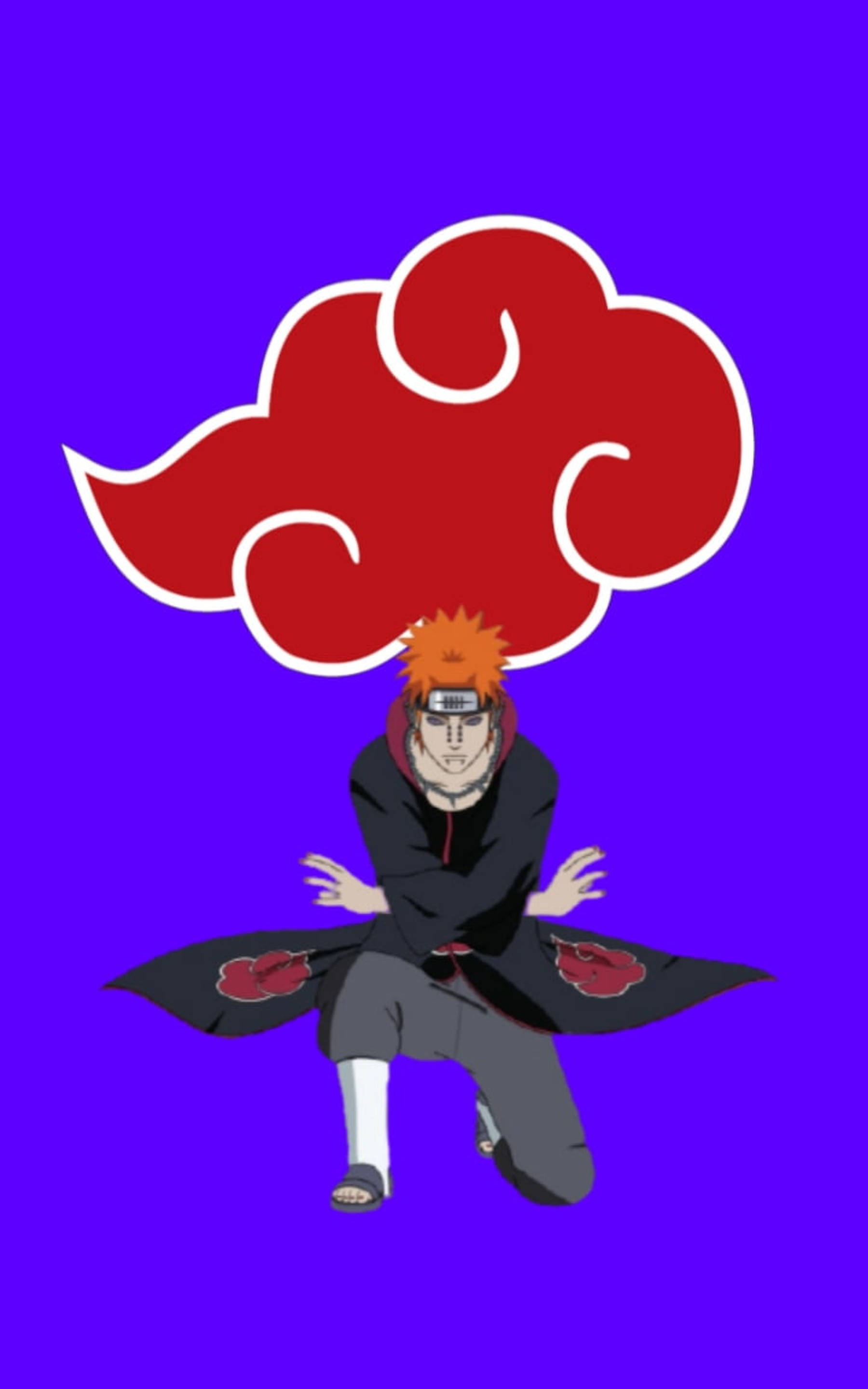 akatsuki phone 桌布 壁紙 — 動漫角色，擁有尖刺橙色頭髮和帶有紅色雲紋的黑色斗篷，蹲在純紫色背景前。