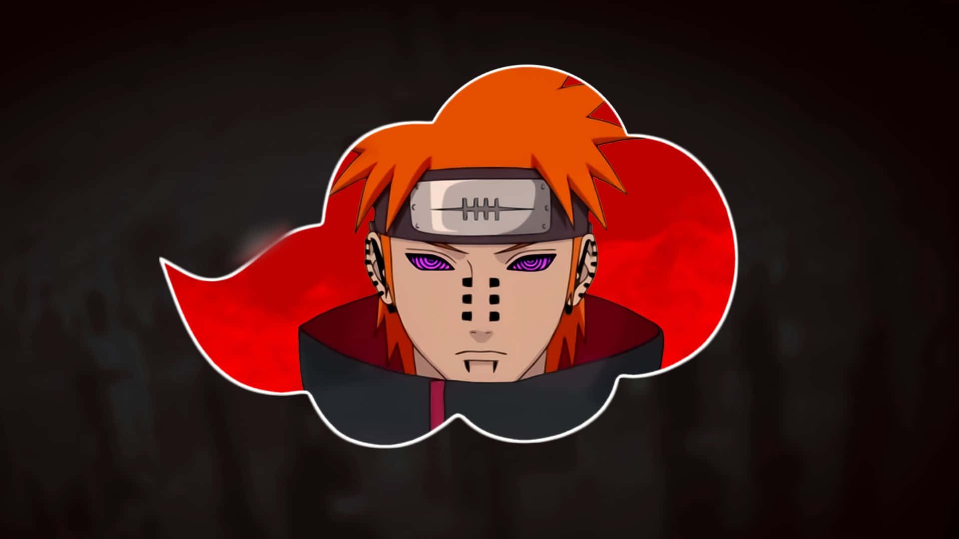 Pain Rinnegan 桌布 壁紙 — 動漫角色，擁有尖刺橙色頭髮和紫色眼睛，以紅色雲紋徽章框住，背景為深色。