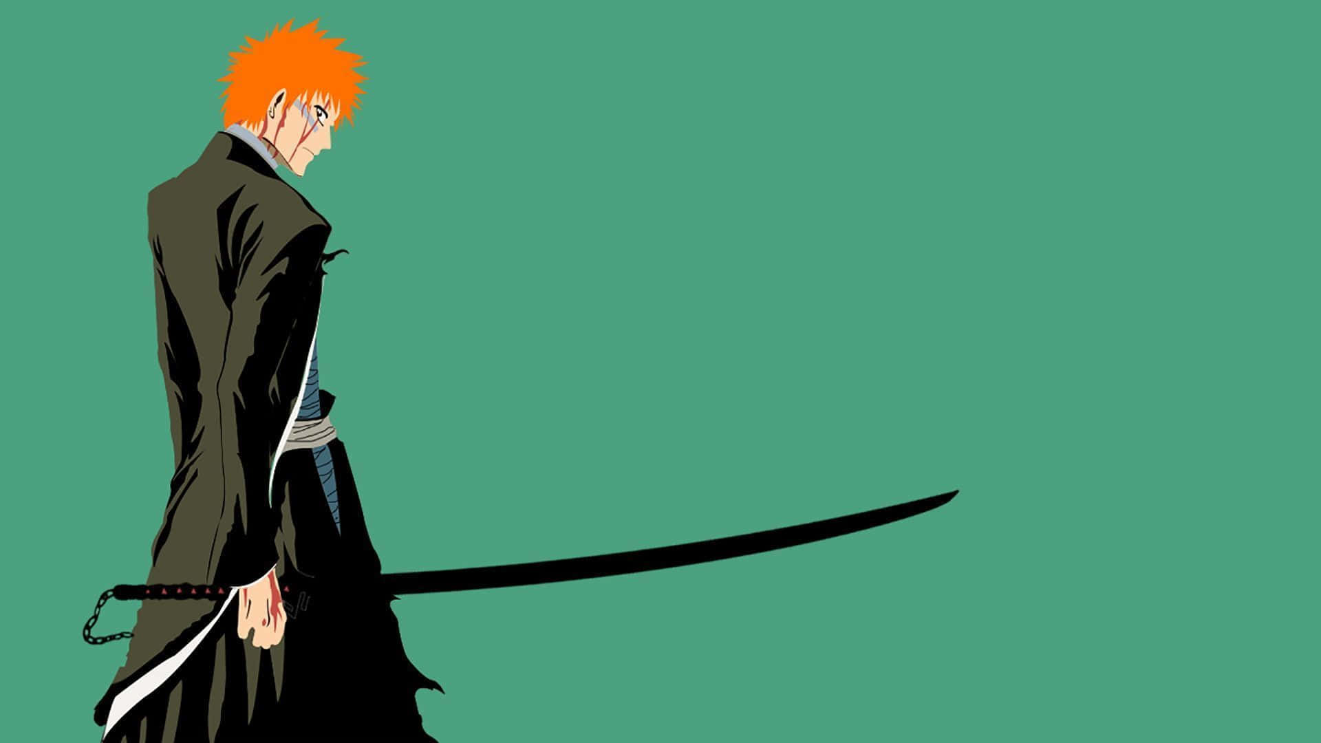 Bleach Anime 桌布 壁紙 — 動漫角色，擁有尖刺橙色頭髮和黑色外套，手持武士刀，背景為純青色。