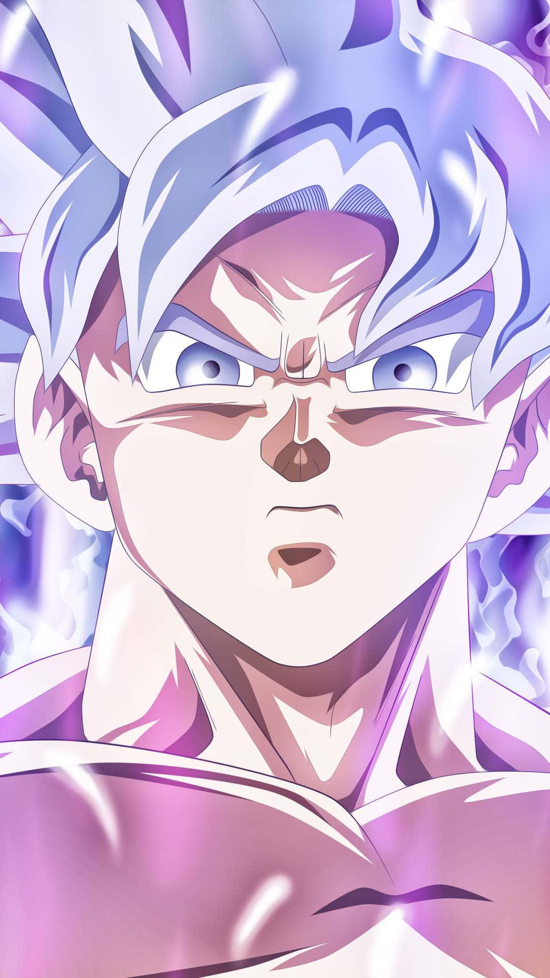 Goku Kaioken 桌布 壁紙 — 動漫角色，擁有尖刺白色頭髮和強烈的藍色眼睛，在動態特寫中散發出紫色能量。