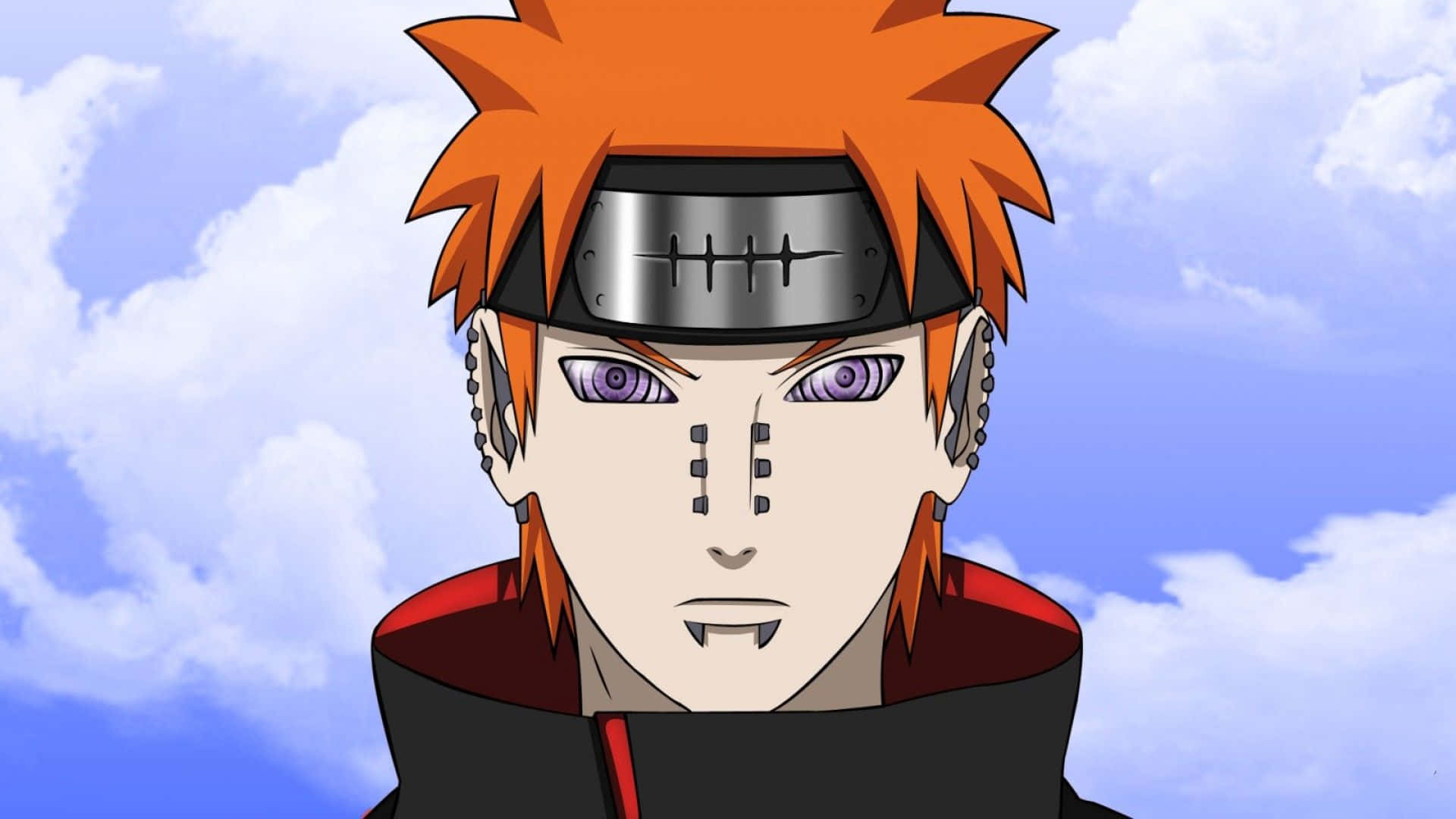 Pain Rinnegan 桌布 壁紙 — 動漫角色，擁有尖刺的橙色頭髮和紫色眼睛，在藍天白雲下凝視著。