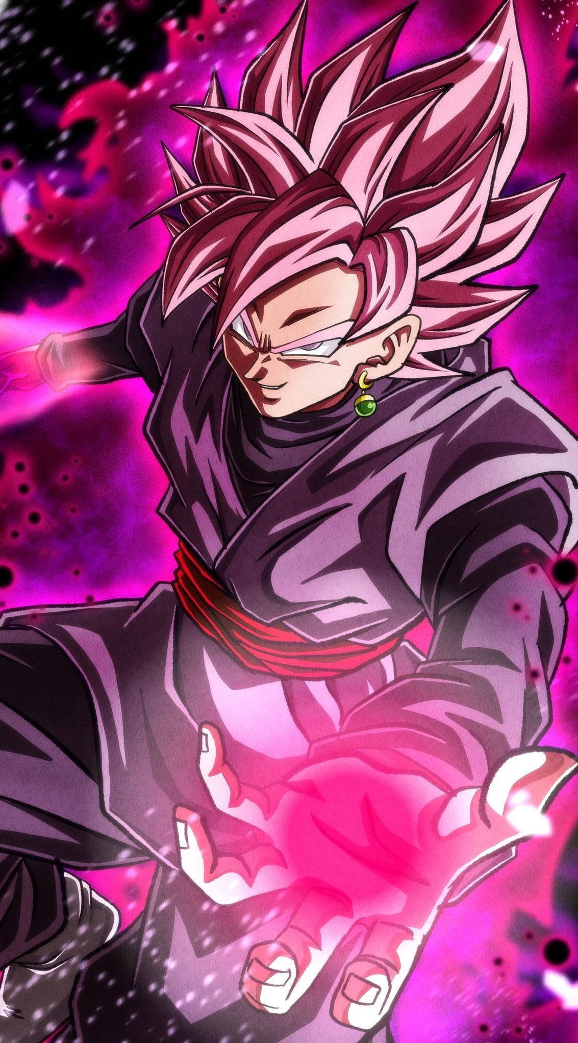 black goku rose 4K 桌布 壁紙 — 動漫角色，擁有尖刺的粉紅色頭髮和發光的粉紅色能量，在宇宙紫色背景中。