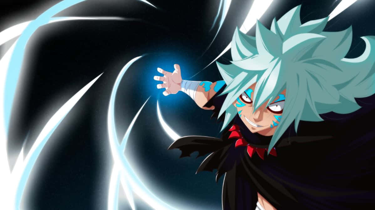 Acnologia 桌布 壁紙 — 動漫角色，擁有尖刺的青色頭髮，在黑暗背景下，伸出的手周圍旋轉著發光的藍色能量。