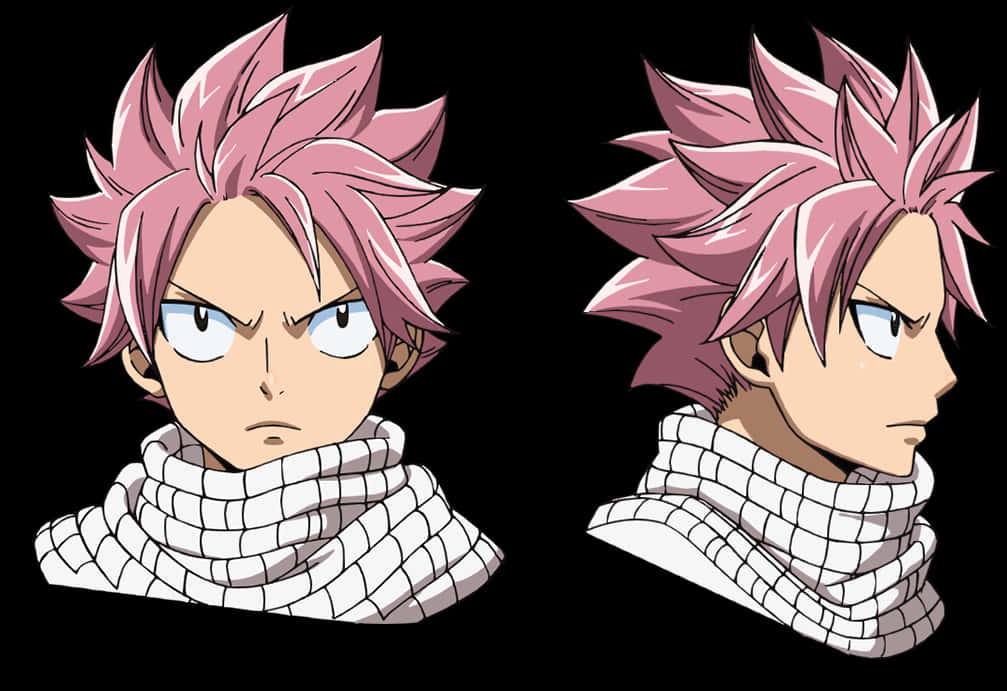 Natsu 桌布 壁紙 — 動漫角色，擁有尖刺粉紅色頭髮和白色圍巾，在黑色背景前顯示正面和側面輪廓。