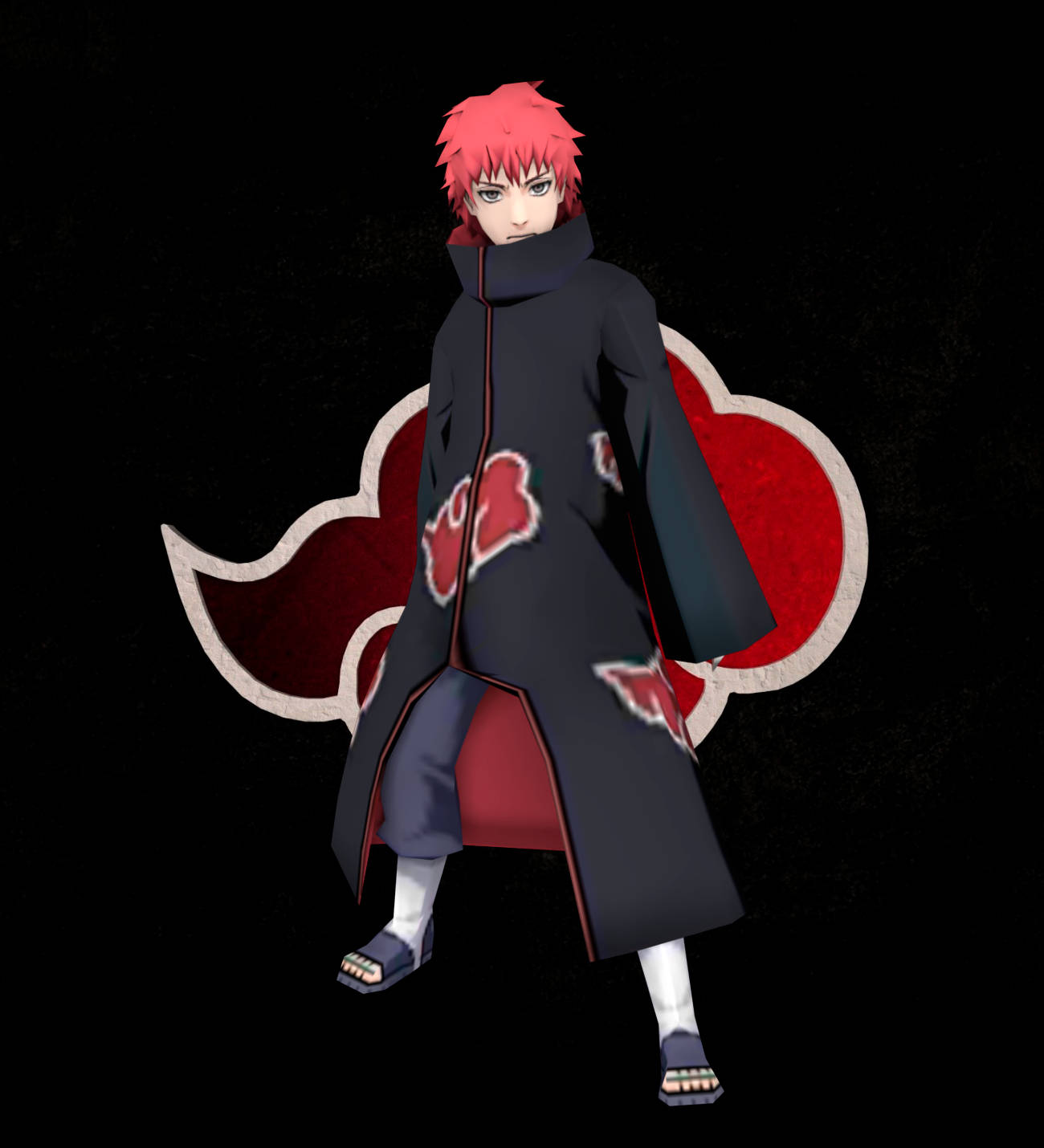 Sasori 桌布 壁紙 — 動漫角色，擁有尖刺紅髮和帶有紅色雲紋的黑色斗篷，站在深色背景前。