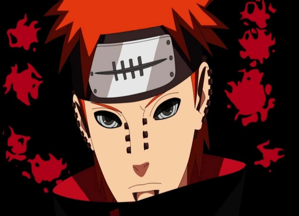 Pain Rinnegan 桌布 壁紙 — 動漫角色，擁有尖刺紅髮和額頭護具，在帶有紅色飛濺的黑色背景上強烈凝視。
