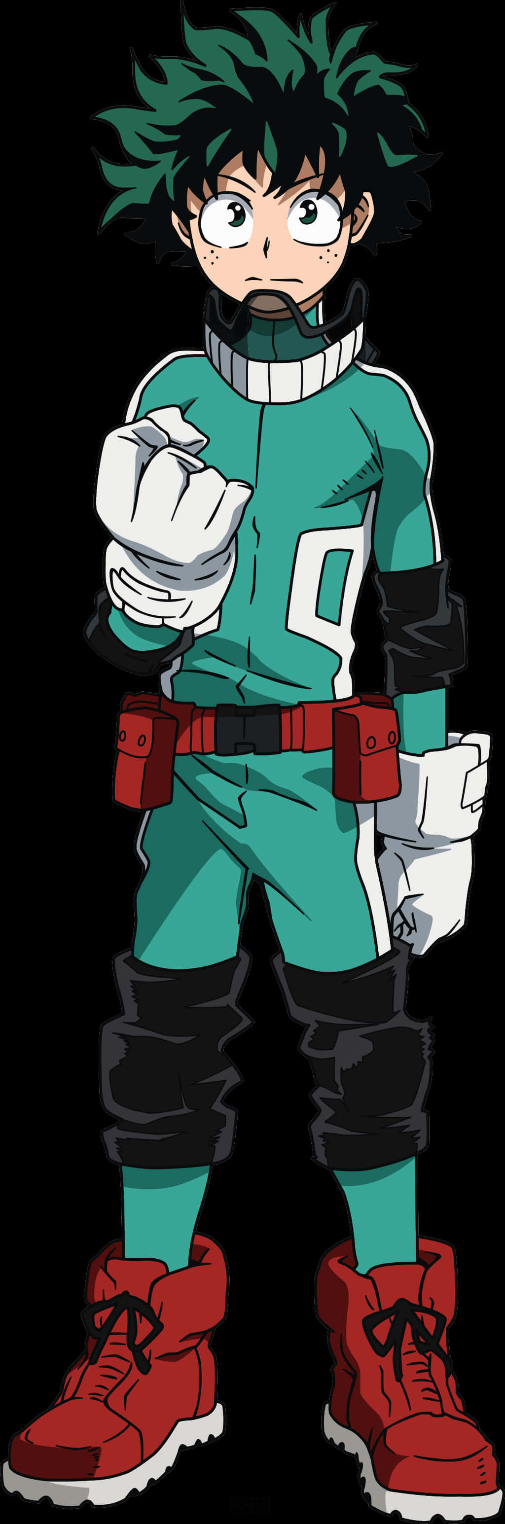 My Hero Academia Anime 桌布 壁紙 — 動漫角色，擁有尖刺綠色頭髮和青綠色英雄套裝，自信地站在黑色背景前。