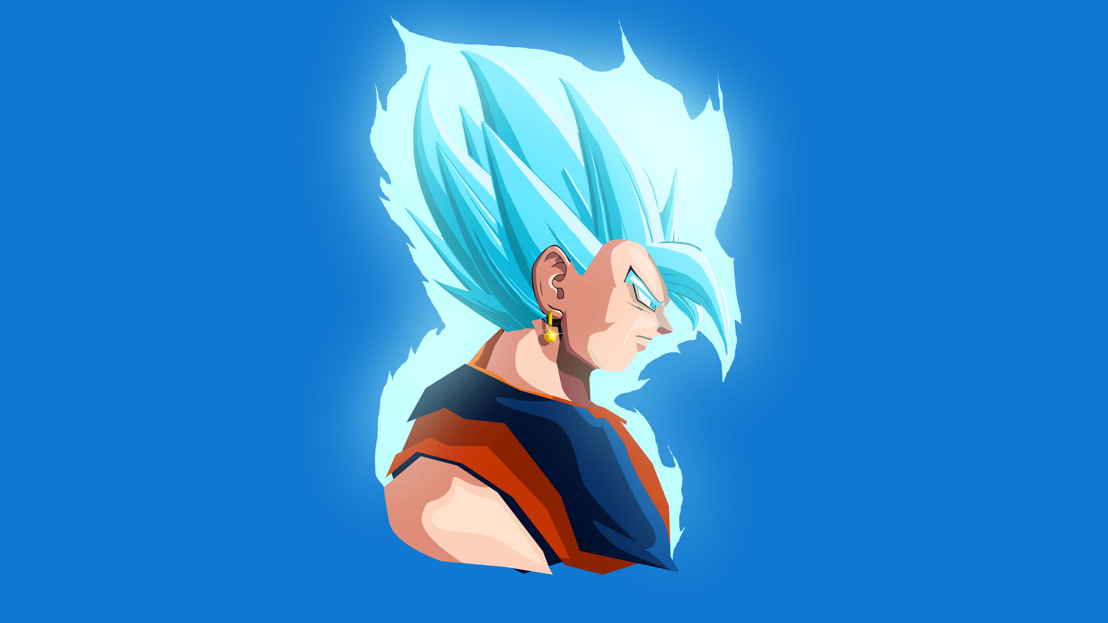Vegeta 桌布 壁紙 — 動漫角色，擁有尖刺藍色頭髮和發光光環，背景為純藍色。