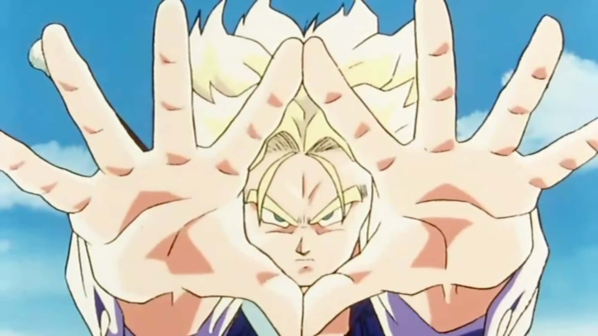 Dragon Ball Z Trunks 桌布 壁紙 — 動漫角色，擁有尖刺金髮和銳利眼神，被伸出的雙手框住，背景是明亮的藍天。