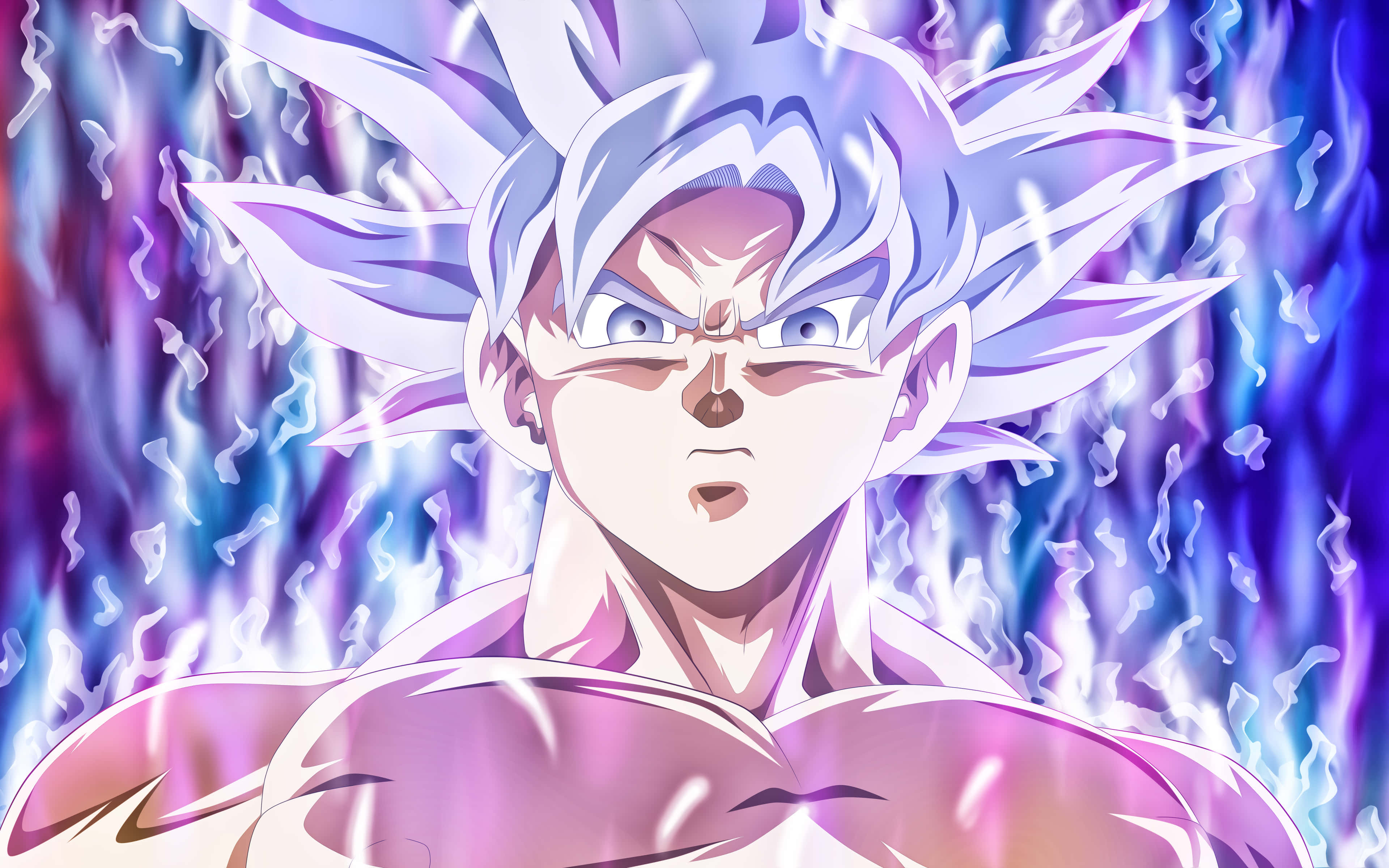 Mui Goku 桌布 壁紙 — 動漫角色，擁有尖刺銀色頭髮和強烈的藍色眼睛，被旋轉的紫色和藍色能量包圍。