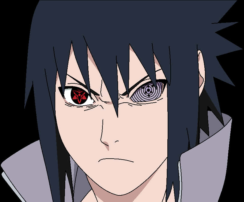Sharingan Eyes 桌布 壁紙 — 動漫角色，擁有尖刺黑色頭髮和強烈的紅色和紫色眼睛，在黑色背景前以嚴肅的表情凝視。