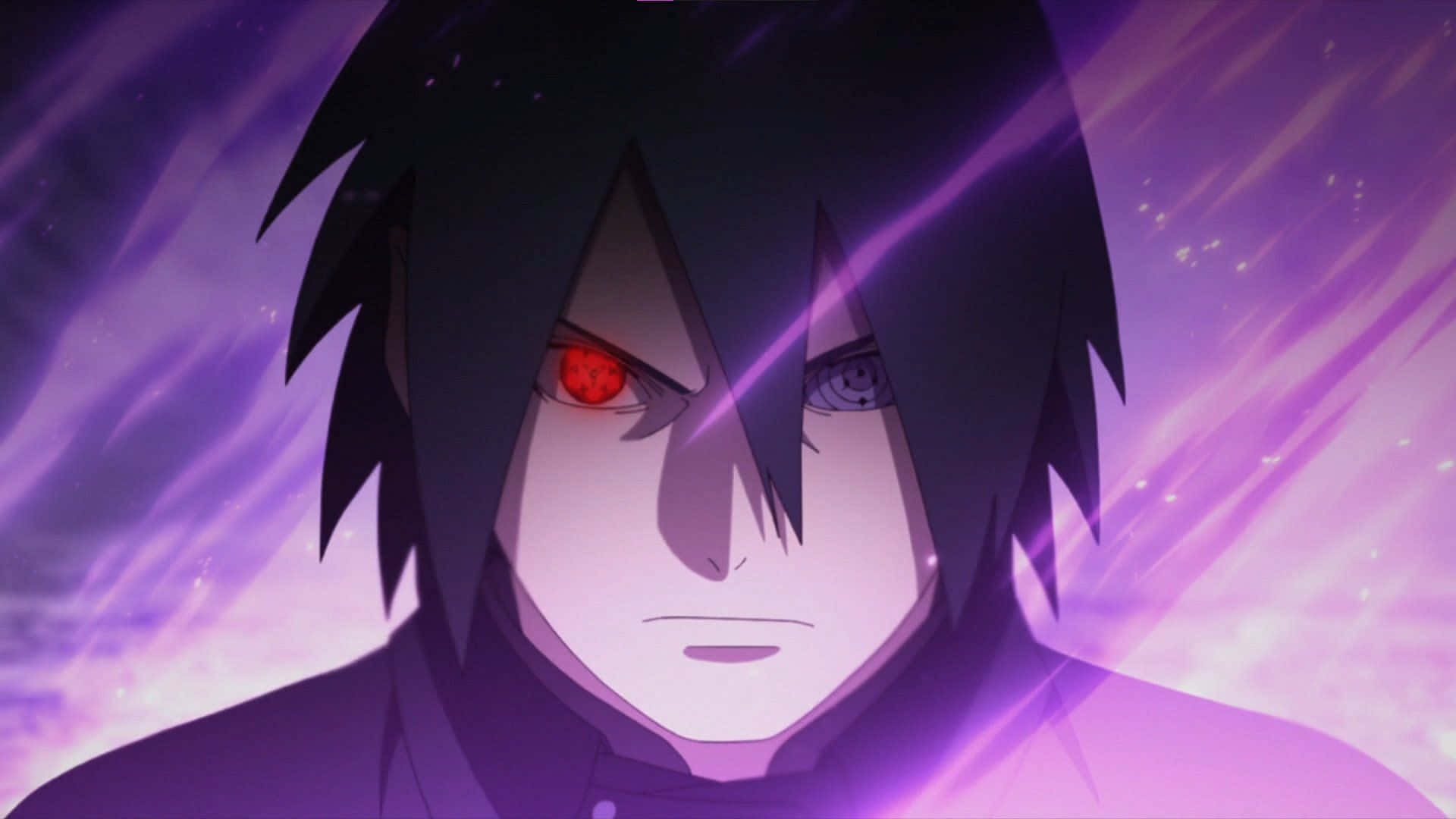 Sasuke 桌布 壁紙 — 動漫角色，擁有尖刺黑髮和發光的紅藍眼睛，背景是充滿活力的紫色能量。