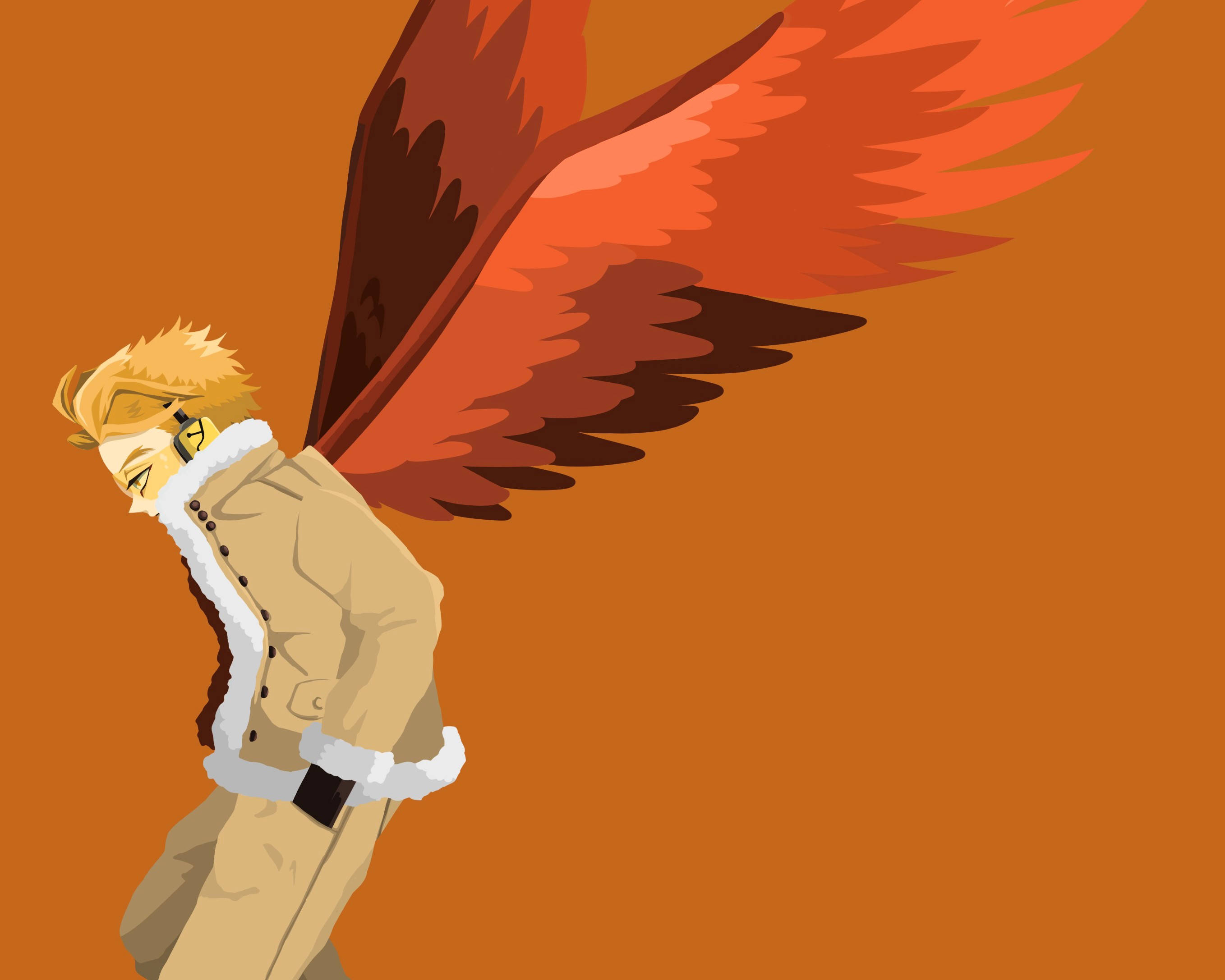 Hawks My Hero Academia 桌布 壁紙 — 動漫角色，擁有火紅翅膀和金髮，身穿米色外套，背景為純橙色。