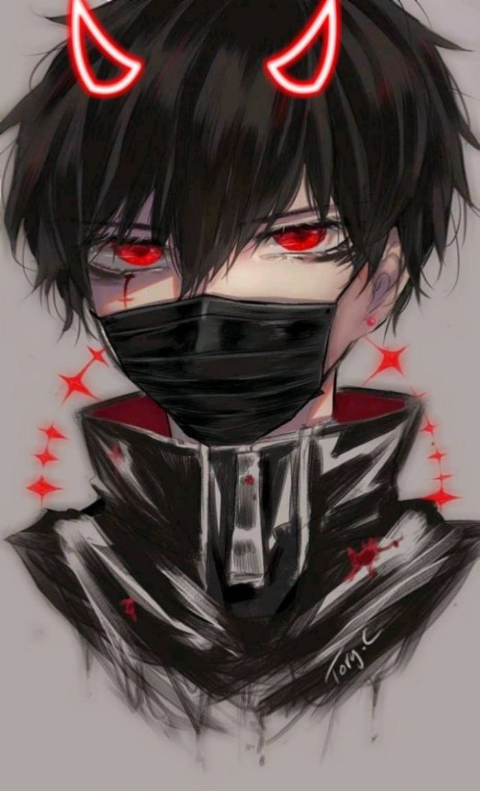 demon boy anime 桌布 壁紙 — 動漫角色，擁有發光的紅色惡魔角和眼睛，戴著黑色面具和帶有紅色點綴的夾克。