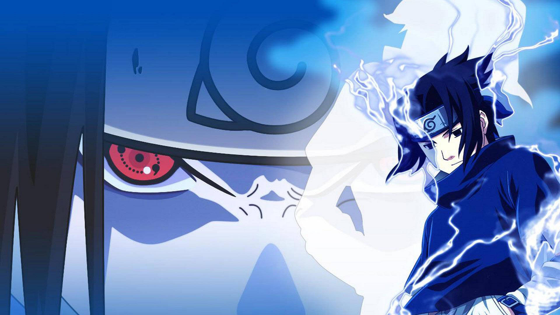 sasuke pfp 桌布 壁紙 — 動漫角色，擁有發光的紅色眼睛和閃電光環，在暴風雨般的藍色背景前與另一位藍色忍者對峙。