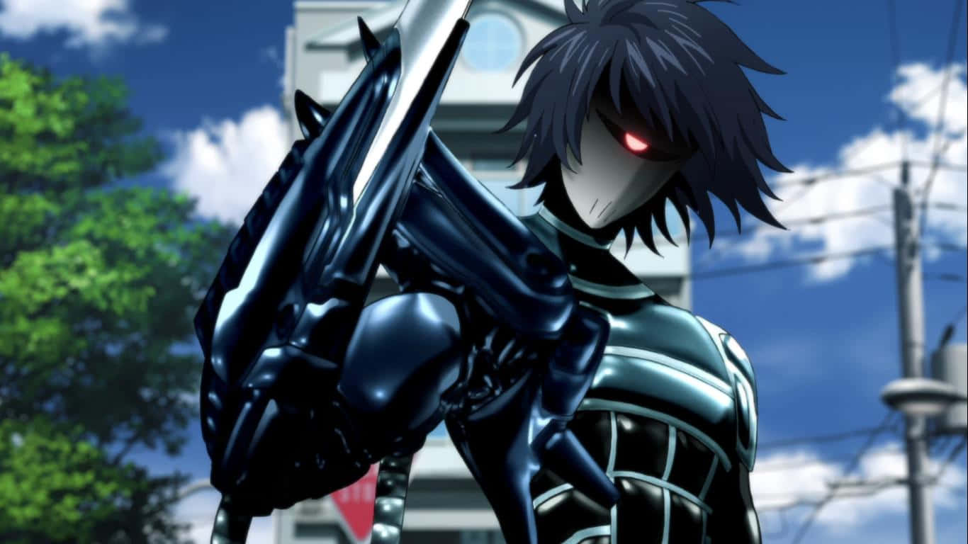 Drive Knight 桌布 壁紙 — 動漫角色，擁有發光的紅色眼睛和黑色盔甲，手持大劍，背景是明亮的藍天和綠樹。