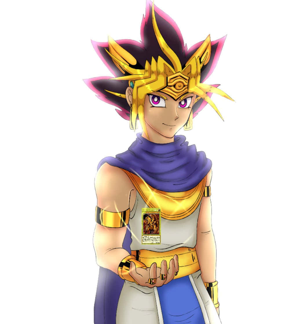 Pharaoh Atem 桌布 壁紙 — 動漫角色，擁有粉紅色和黑色尖刺頭髮、金色頭飾和紫色眼睛，手持發光卡片。
