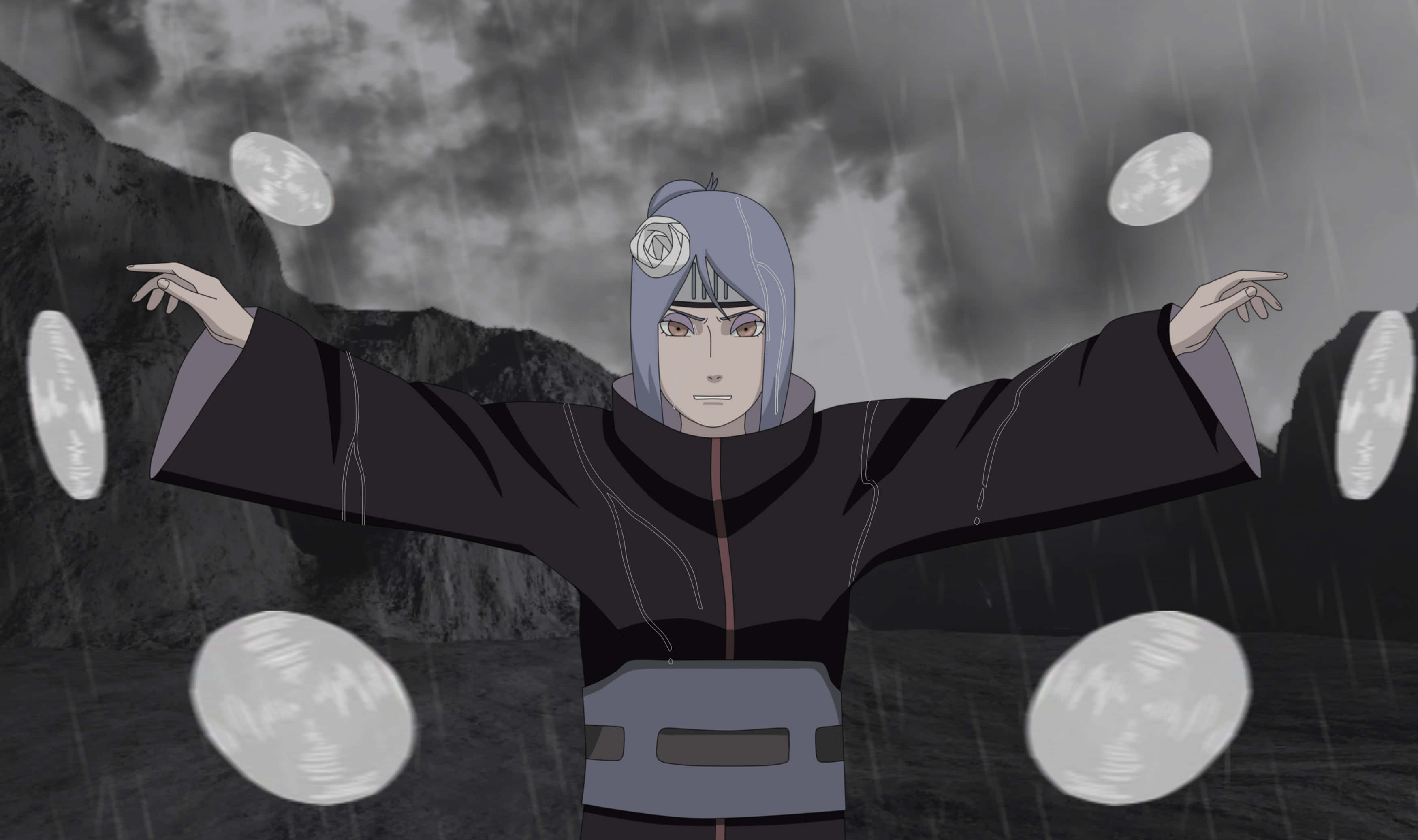 Konan 桌布 壁紙 — 動漫角色，擁有薰衣草色頭髮和白色玫瑰頭帶，在雨中張開雙臂站立，發光的圓盤在他們周圍漂浮，背景是暴風雨的山巒。
