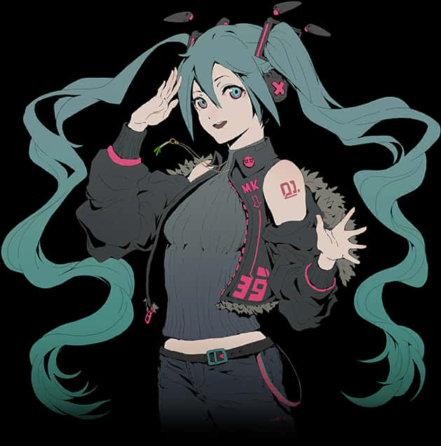 初音未來 桌布 壁紙 — 動漫角色，擁有藍綠色雙馬尾和粉紅色點綴，在黑色背景前敬禮。