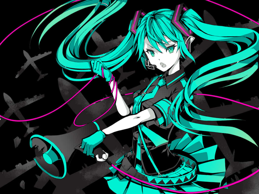 Vocaloid 桌布 壁紙 — 動漫角色，擁有藍綠色雙馬尾和粉紅色點綴，在黑暗背景中手持擴音器，背景有飛機剪影。