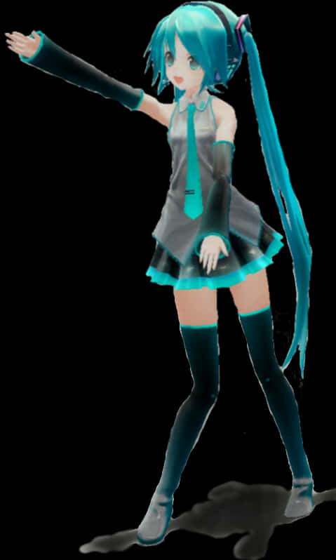 Vocaloid 桌布 壁紙 — 動漫角色，擁有藍綠色雙馬尾和耳機，在黑色背景前擺出動態姿勢。